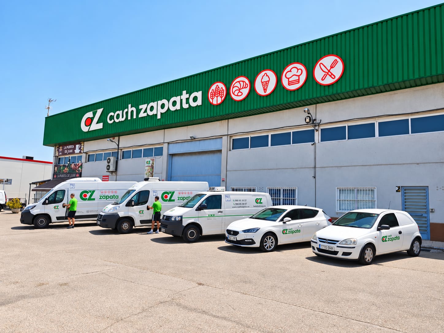 Fachada de Cash Zapata con su flota de vehículos de reparto